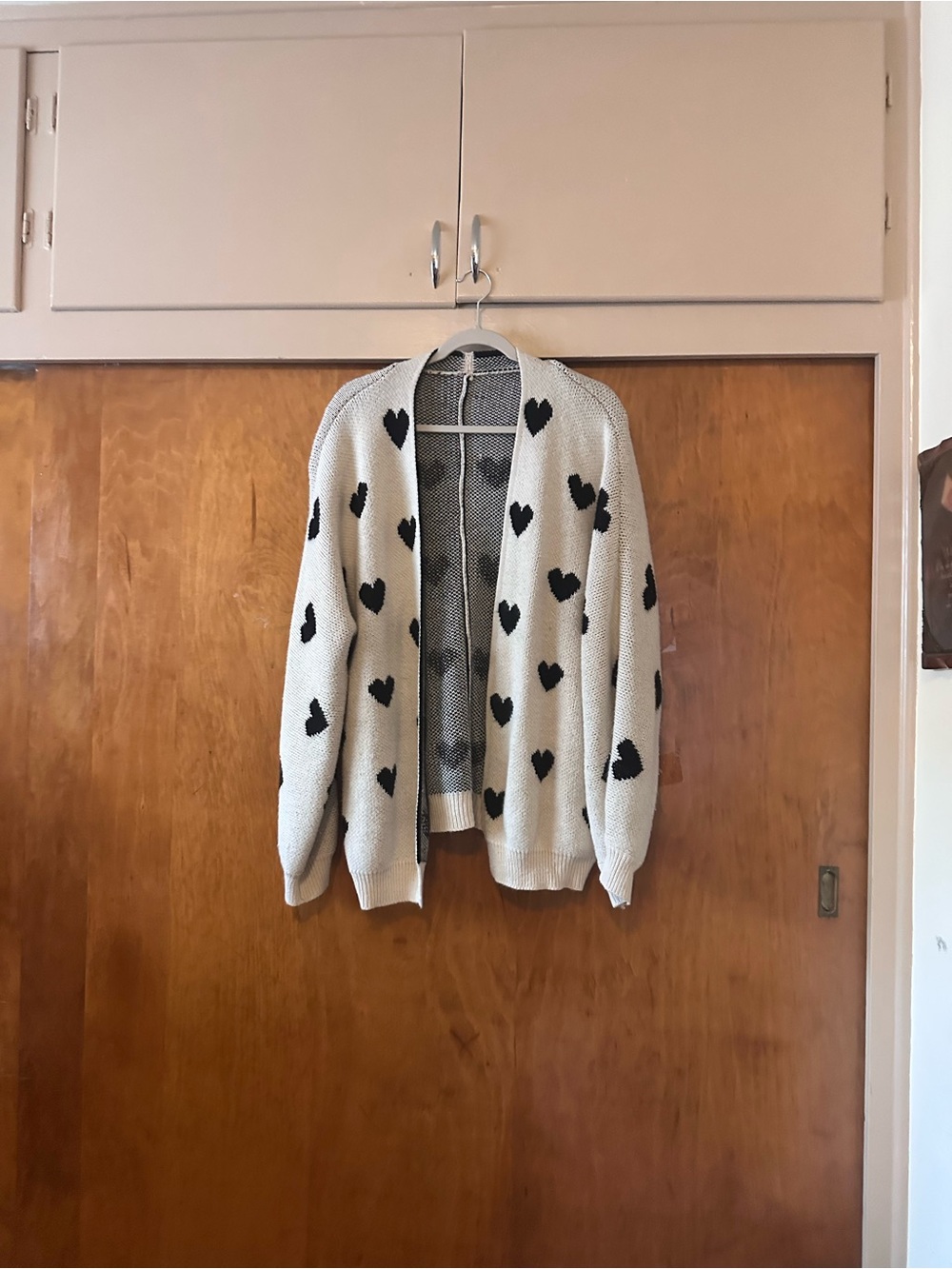 Open-Front Heart Pattern Cardigan Sweater - Cream/Black - Picture 2 of 4